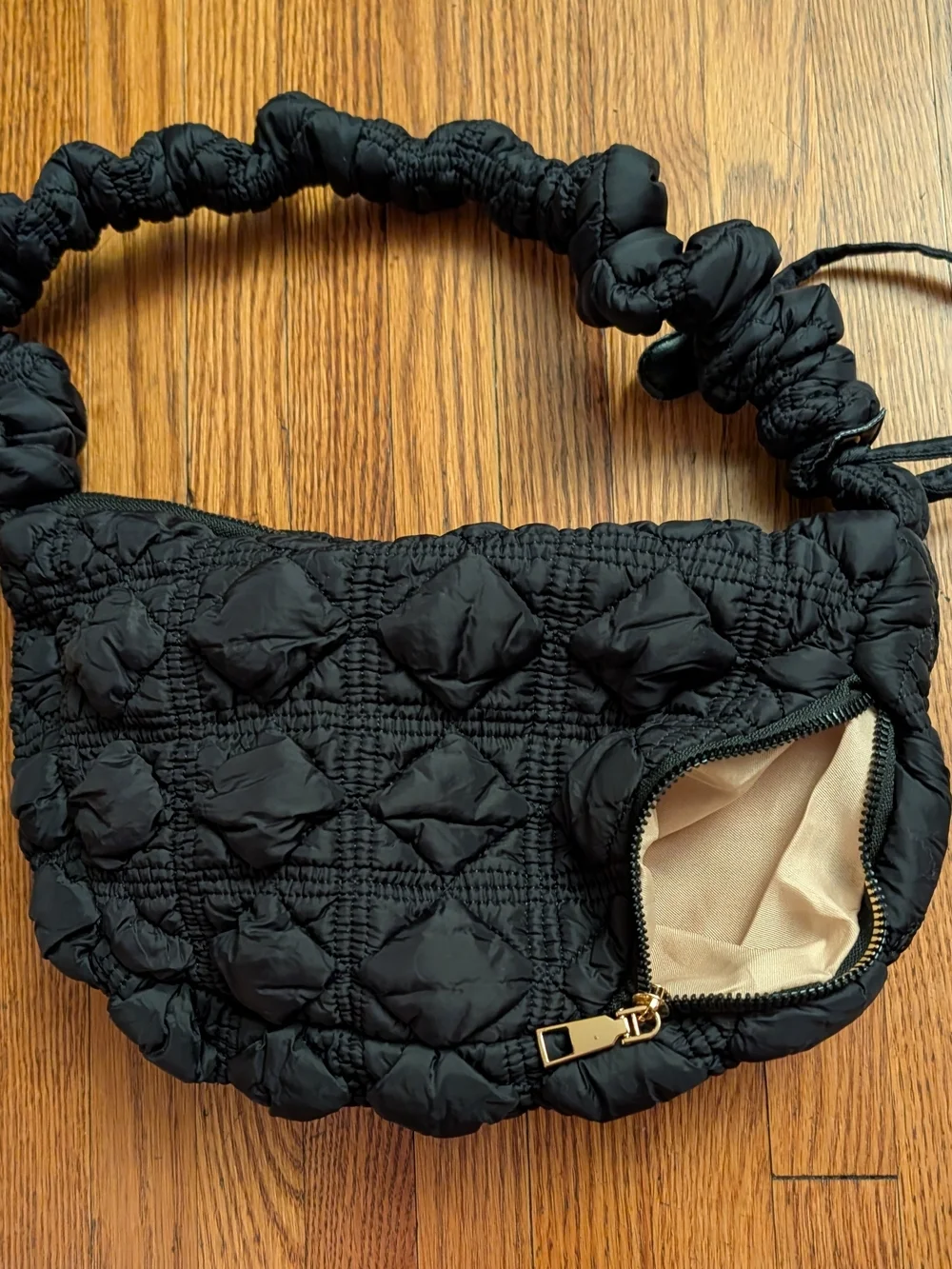 NWOT Adjustable Draped Strap Small Black Quilted Crossbody Bag